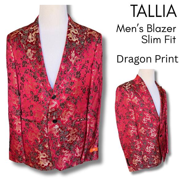 Men's Slim Fit Dragon Red Satin Blazer Dinner Jacket Modern Hipster StreetWear - Picture 1 of 11